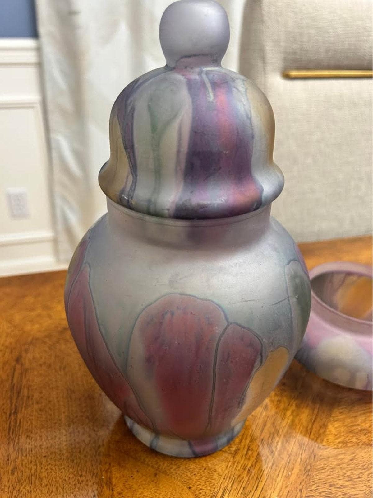 Vintage Rueven Hand Painted Frosted Satin Glass Lidded Ginger Jar and Bowl Set