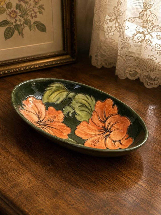 Vintage Moorcroft Hibiscus Oval Dish Green Coral Tube Lined Pottery Late Queen Mary Label