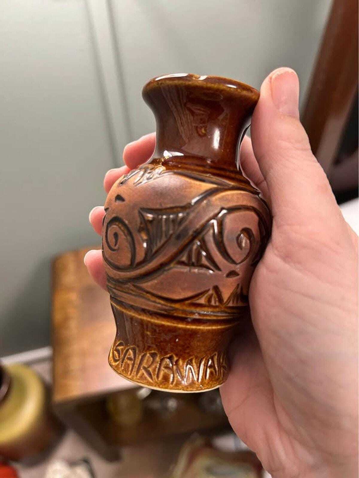 Sarawak Malaysia Tribal Pottery Hand-Carved Miniature Bud Vase