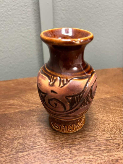 Sarawak Malaysia Tribal Pottery Hand-Carved Miniature Bud Vase
