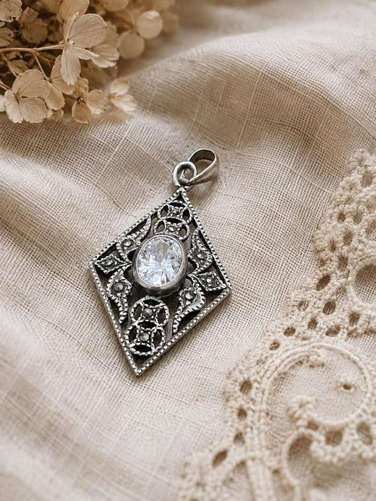 Vintage Sterling Silver Marcasite and Clear Glass Art Deco Revival Pendant