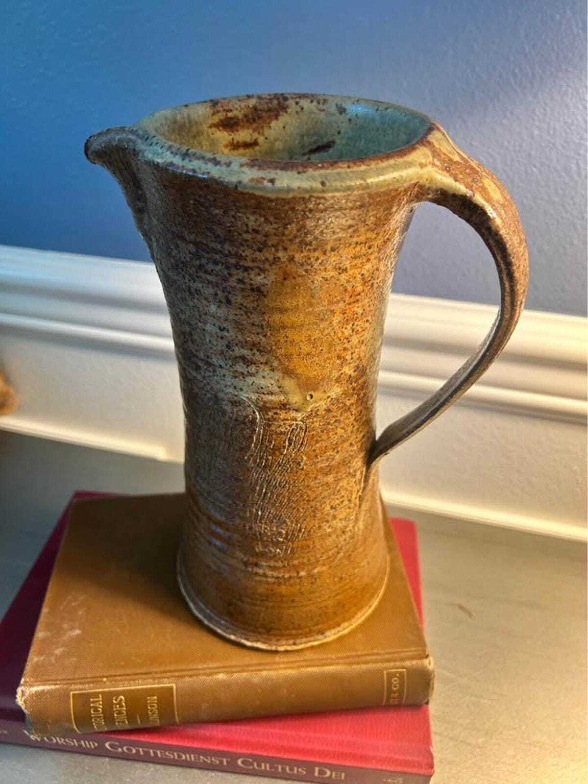 Vintage Tad Demsey Studio Pottery Tall Pitcher Hand Thrown Stoneware Combed Jug