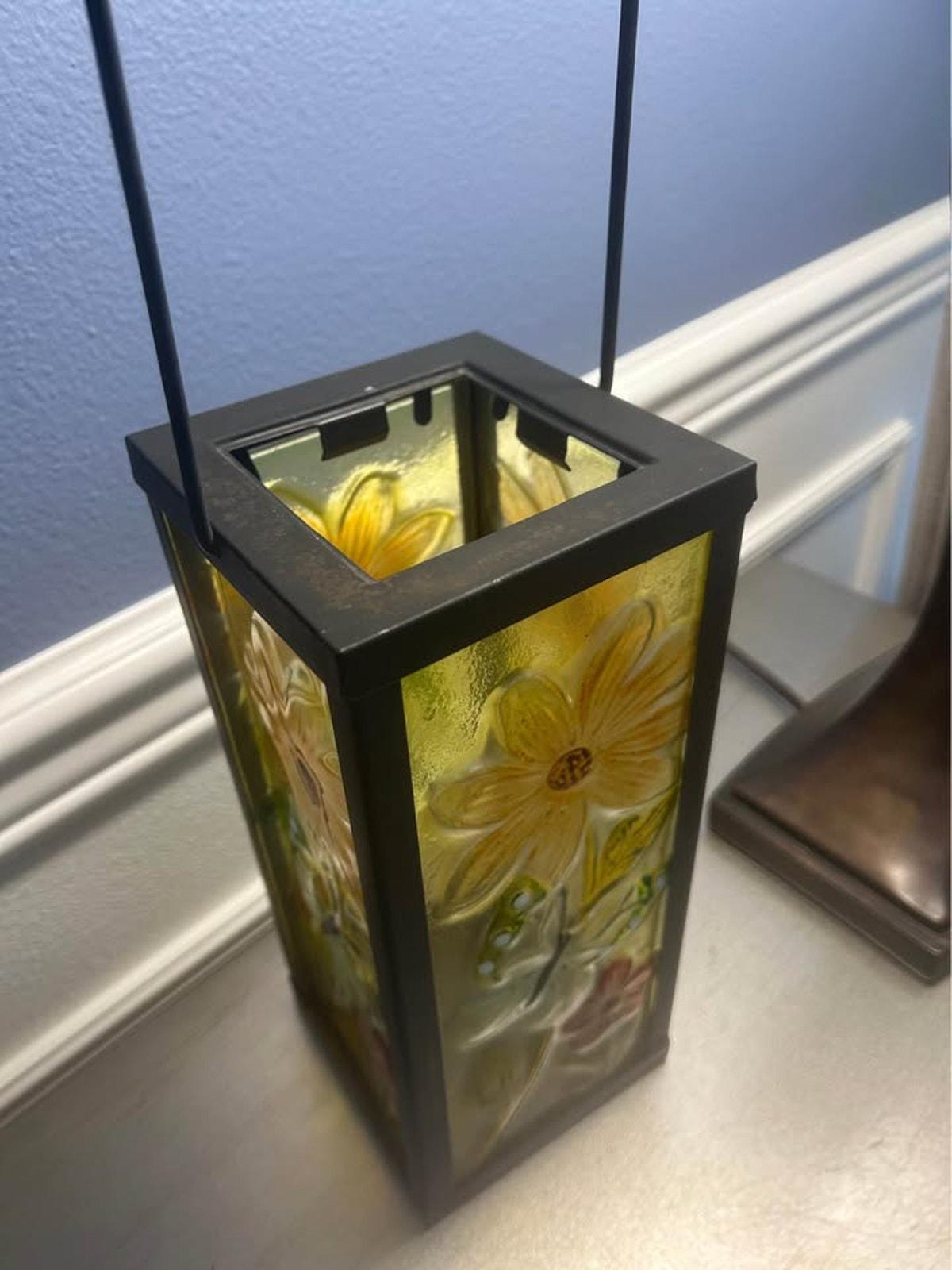 Hand-Painted Floral Textured Glass Lantern with Metal Frame