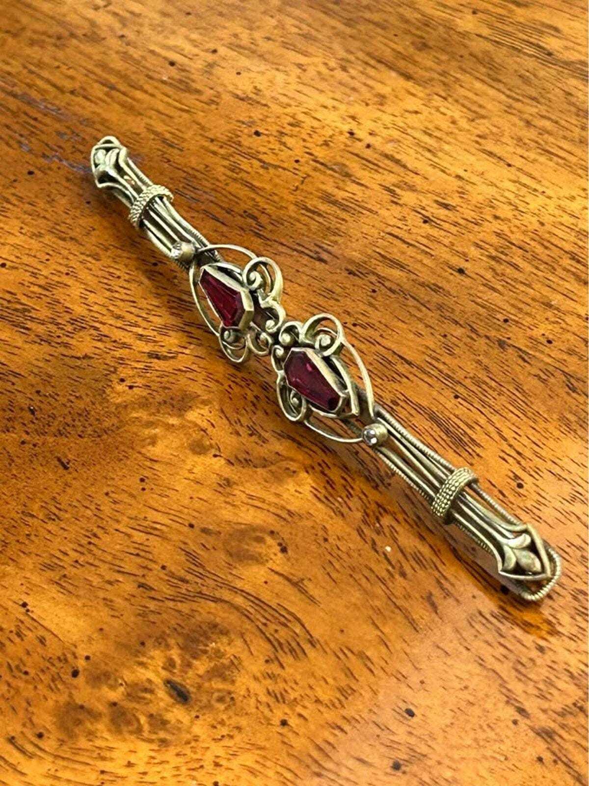 Antique Edwardian Gold Filled Wirework Bar Brooch with Red Coffin Cut Paste Stones