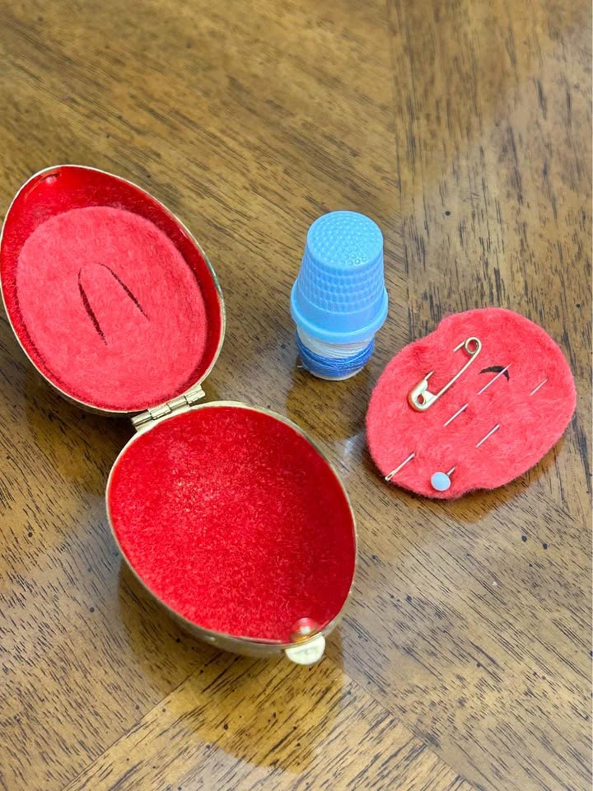 Vintage Engraved Brass Egg Sewing Kit Pocket Etui