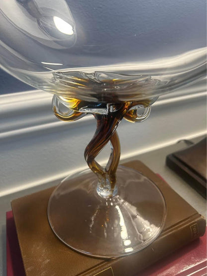 Mid-Century Modern Amber Controlled Twist Glass Compote - Large 11” Art Glass Centerpiece Bowl