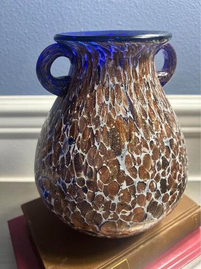 Vintage Cobalt Blue and Gold Aventurine Cased Art Glass Two Handled Amphora Urn Vase
