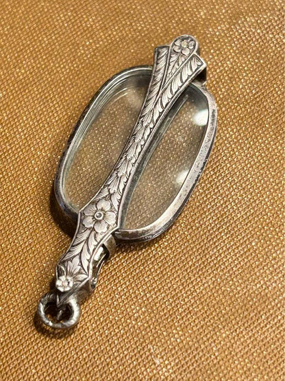Antique Sterling Silver Floral Engraved Folding Lorgnette