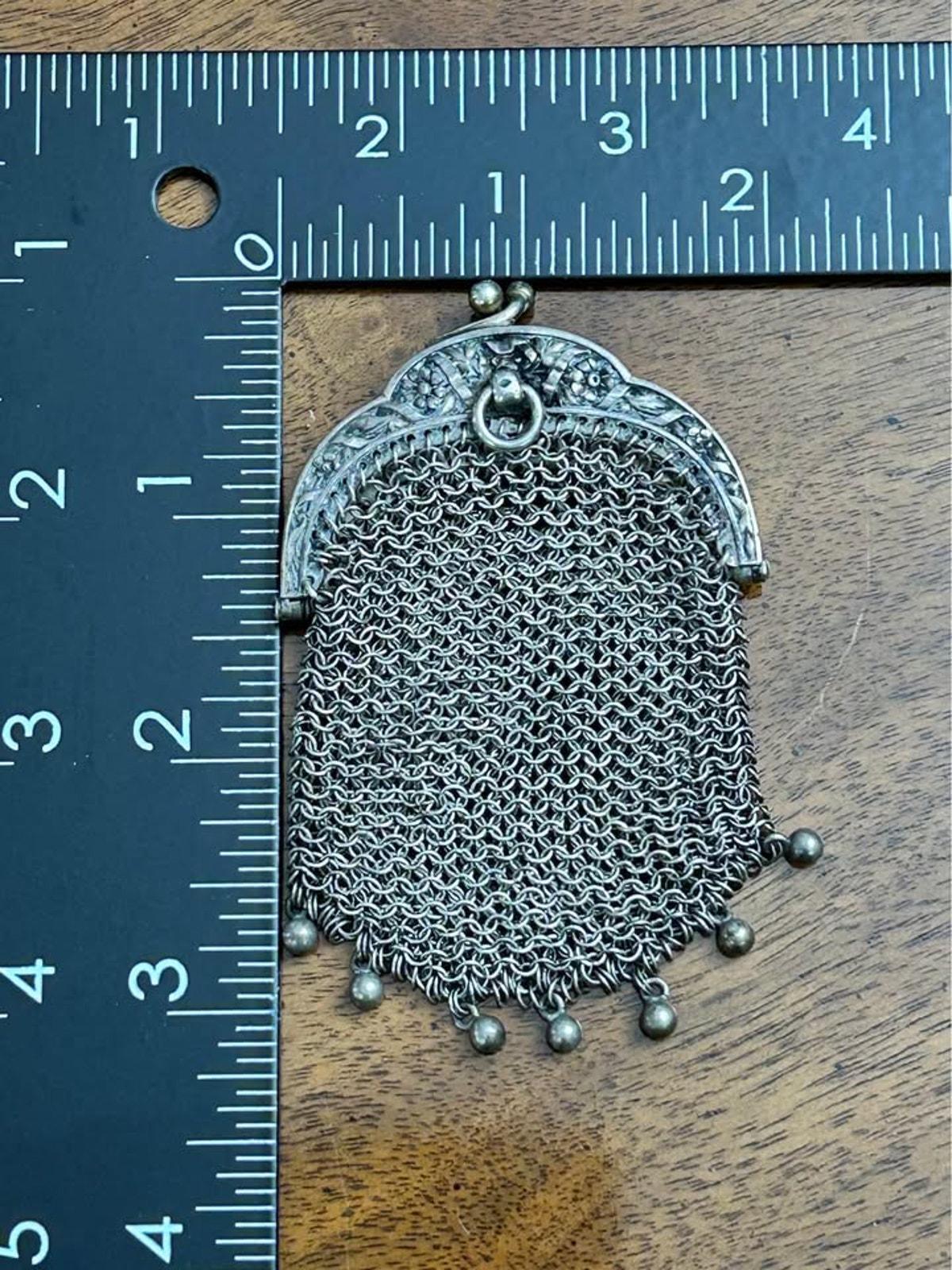 Antique Sterling Silver Chainmail Chatelaine Coin Purse With Repousse Frame