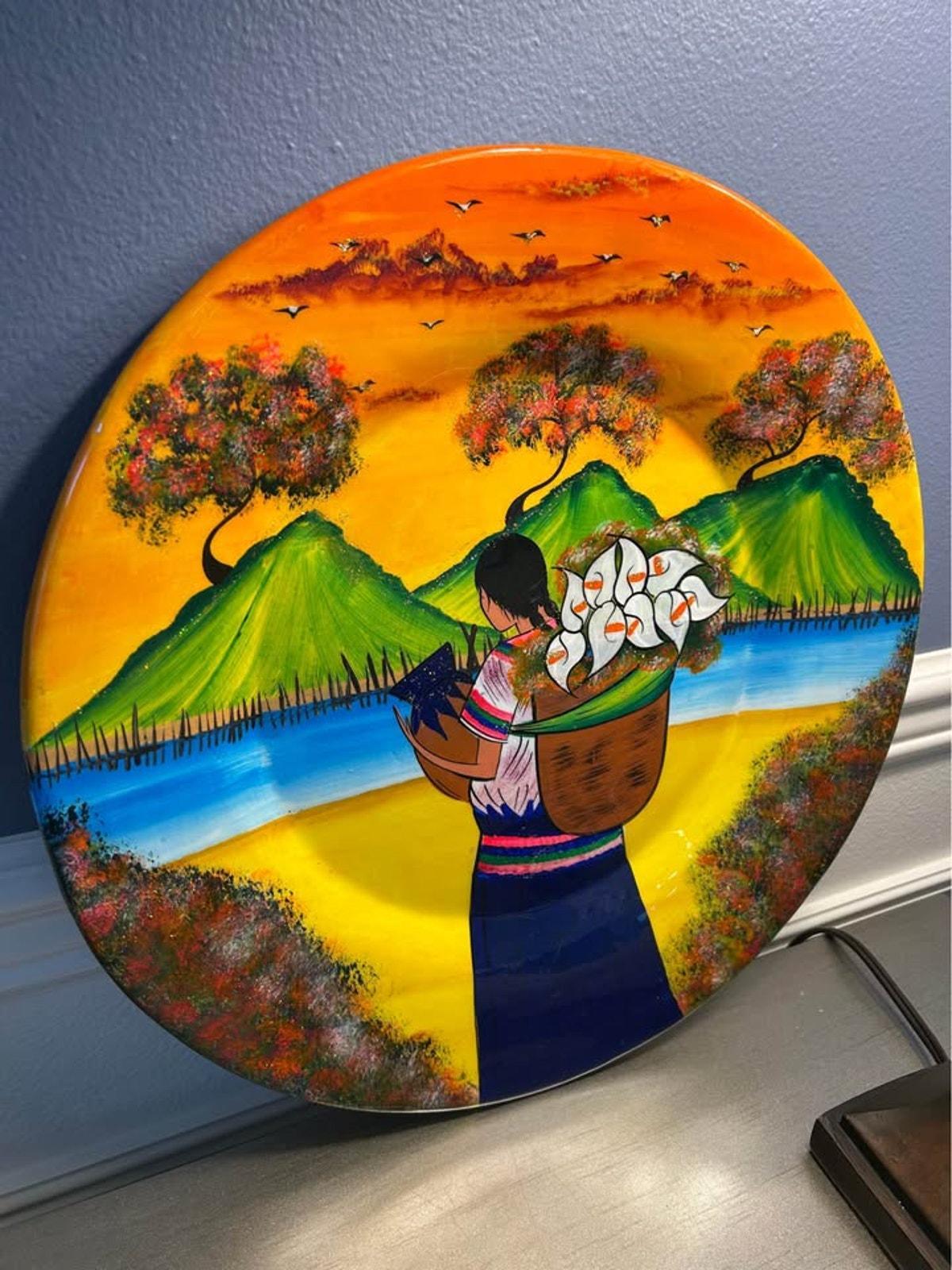 Vintage Tonalá Terracotta Charger, Gabriel Hand-Painted Mexican Folk Art, 15.5" Calla Lily Pottery