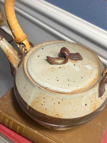 Vintage Connie Dubois Studio Pottery Teapot | Two-Tone Stoneware with Bamboo Handle | Signed 2001