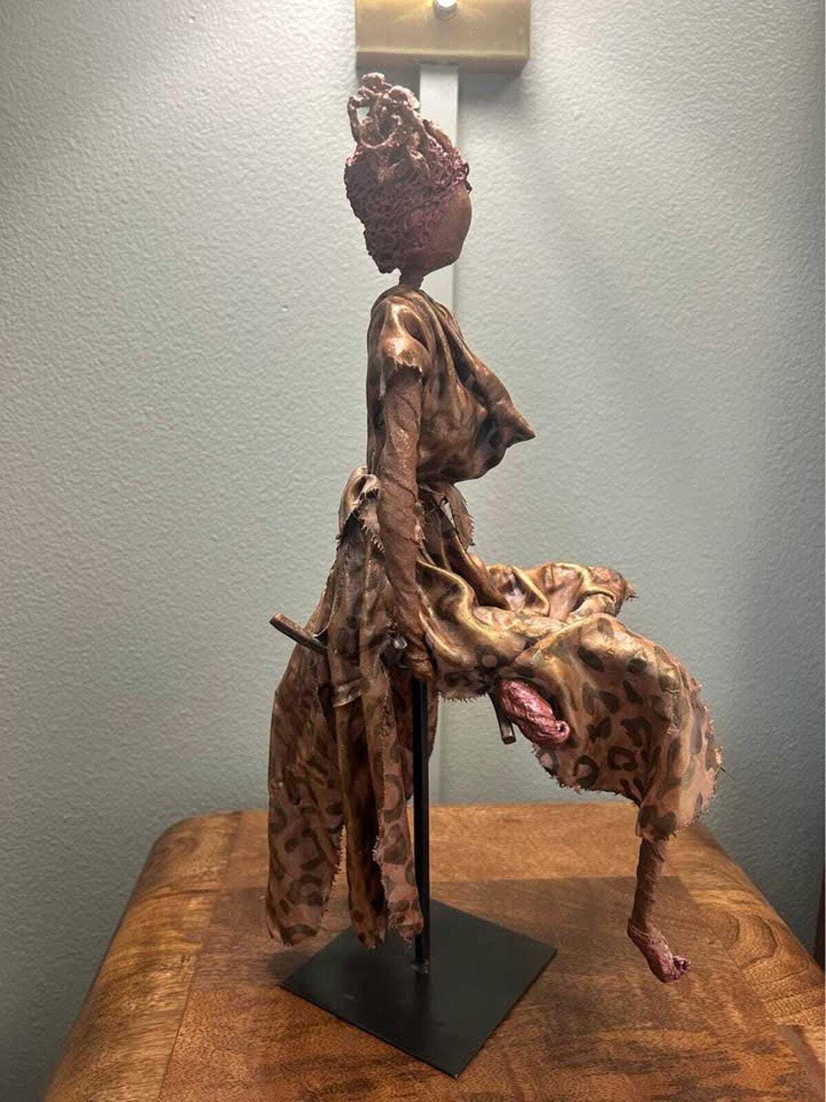Seated Figure in Leopard Print - 15" Paverpol Textile Sculpture