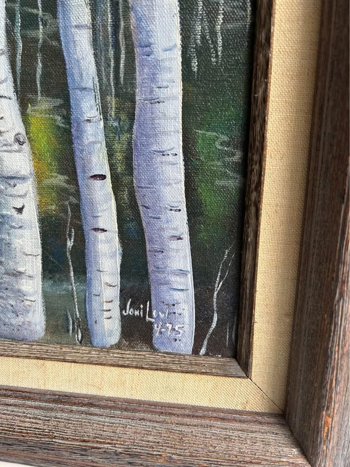 Joni Lewis Original Oil Painting - Birch Trees and Lake Landscape, 1975 - Framed 27x21.5