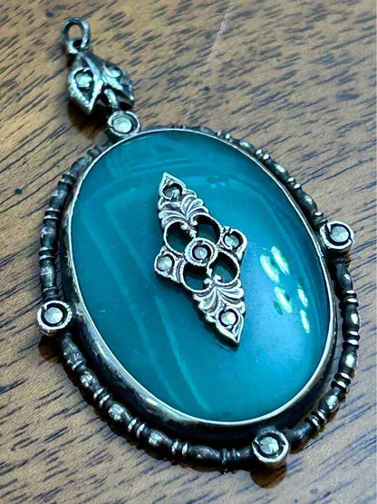 Antique Art Deco Sterling Silver Green Chrysoprase Marcasite Pendant