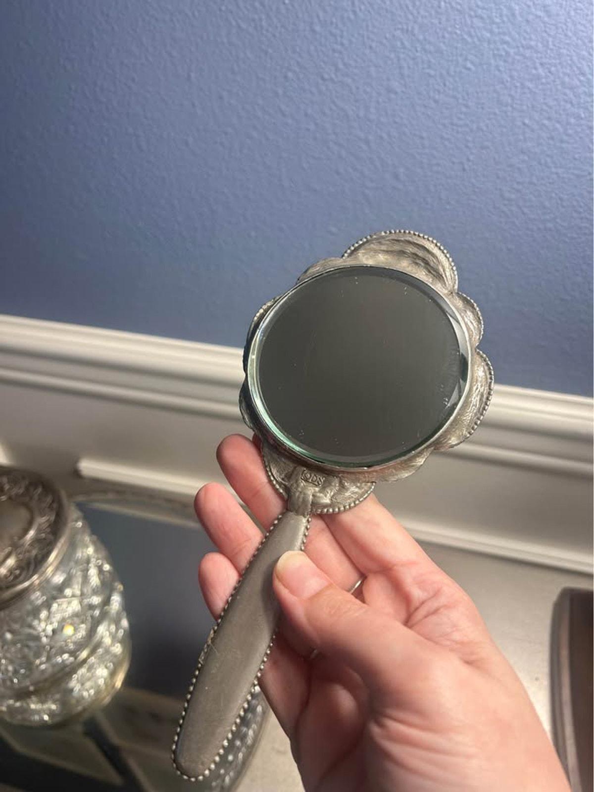 Antique Sterling Silver Repousse & ABP Cut Glass Vanity Set | Celtic Mirror and 14 inch Tray