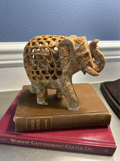 Vintage Hand-Carved Jali Soapstone Elephant Sculpture with Inner Baby Elephant
