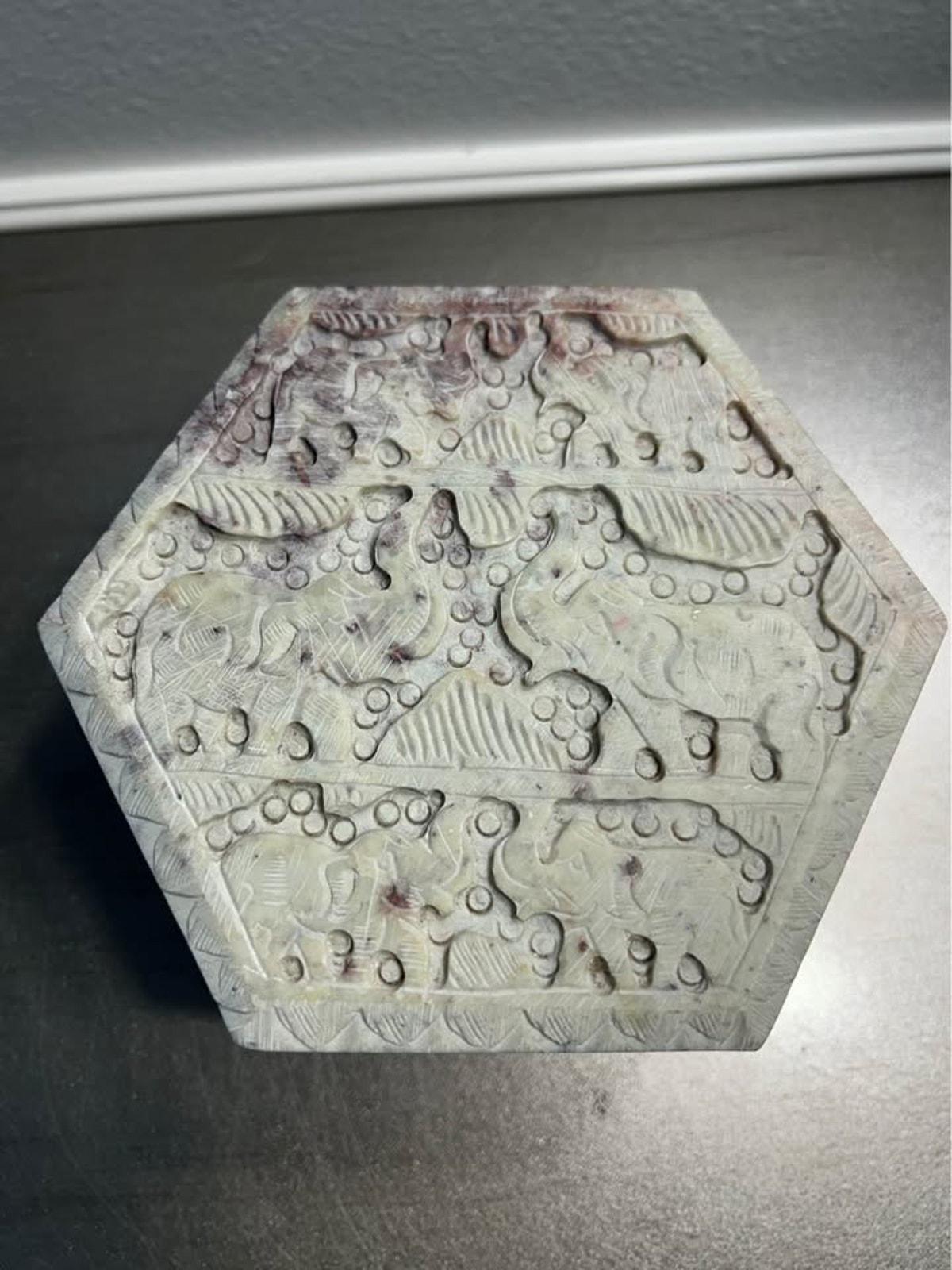 Hand-Carved Soapstone Hexagonal Box with Elephant Relief