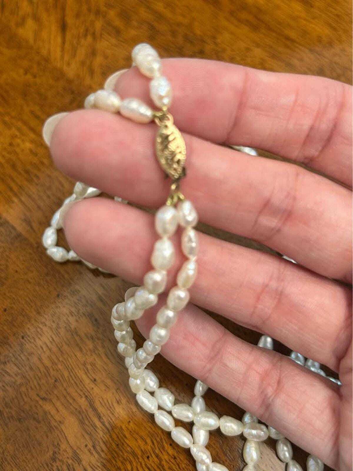 Vintage Double Strand Freshwater Rice Pearl Necklace 14K Gold Clasp