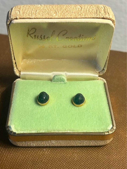 Vintage Russel Creations 14k Gold Carved Green Scarab Stud Earrings