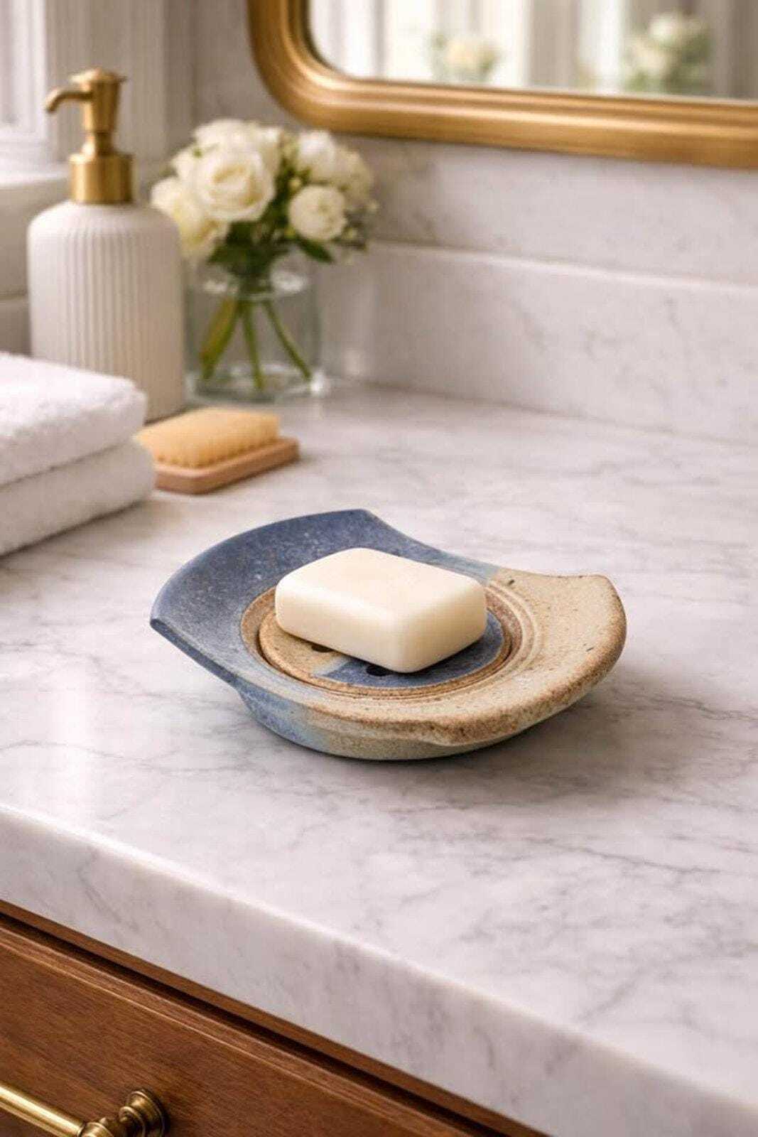 Studio Pottery Two-Piece Ceramic Soap Dish - Blue and Sand Glaze