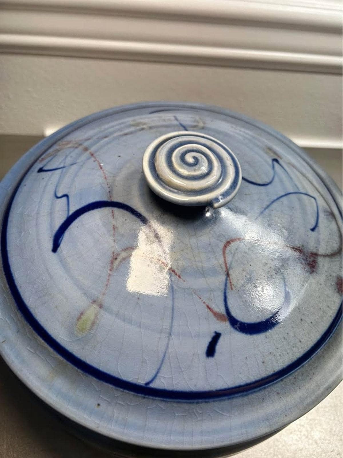 Signed Studio Pottery Covered Bowl | Blue Crackle Glaze & Spiral Knob