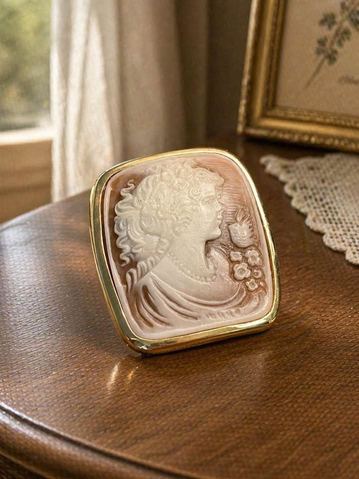 Vintage Victorian Revival Molded Resin Cameo Brooch Pendant - Lady, Bird & Flowers