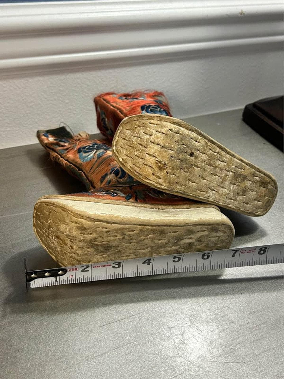 Antique Chinese Silk Embroidered Lotus Shoes Distressed Qing Dynasty