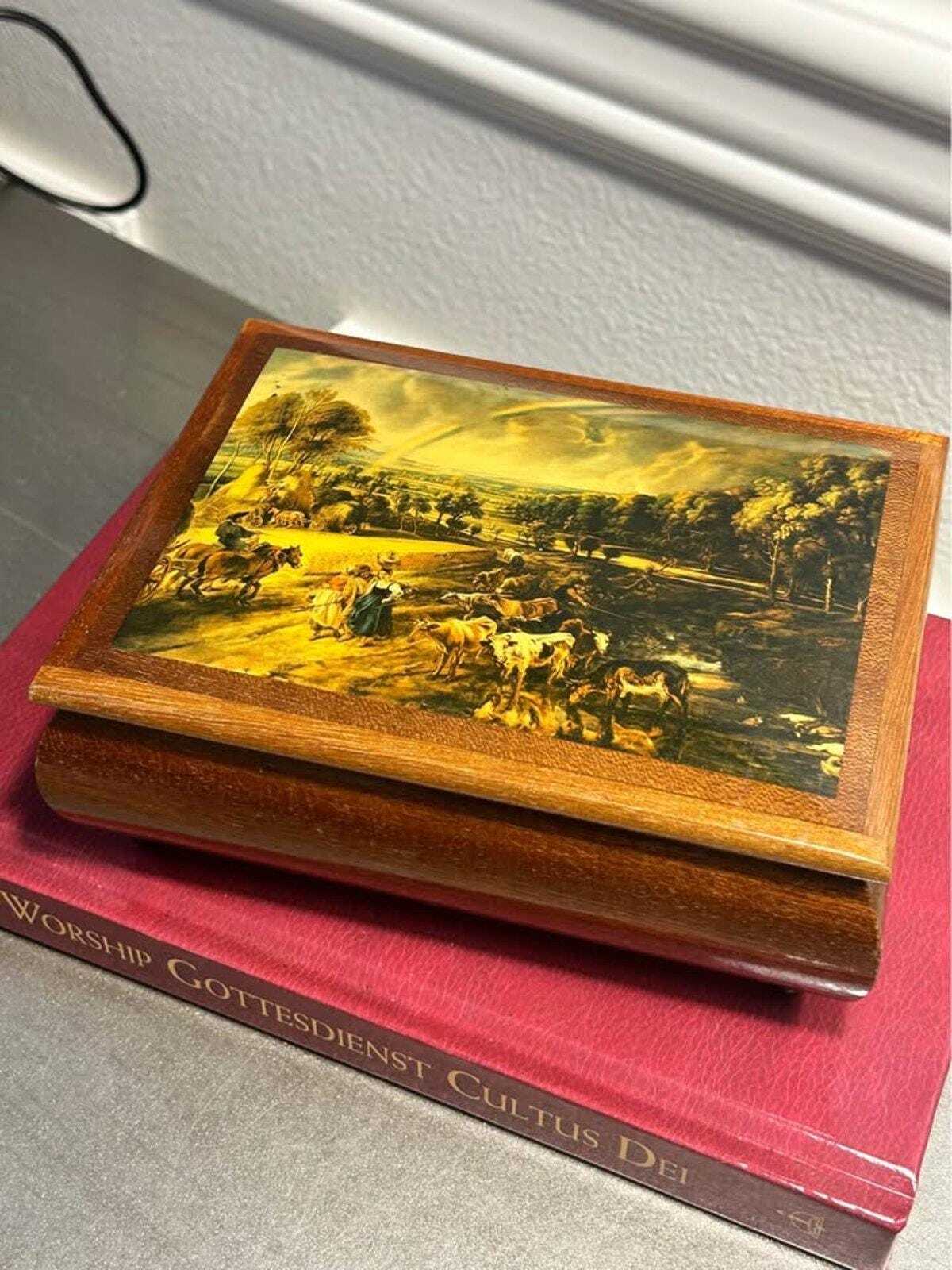 Vintage Italian Wood Music Jewelry Box with Swiss Reuge Movement