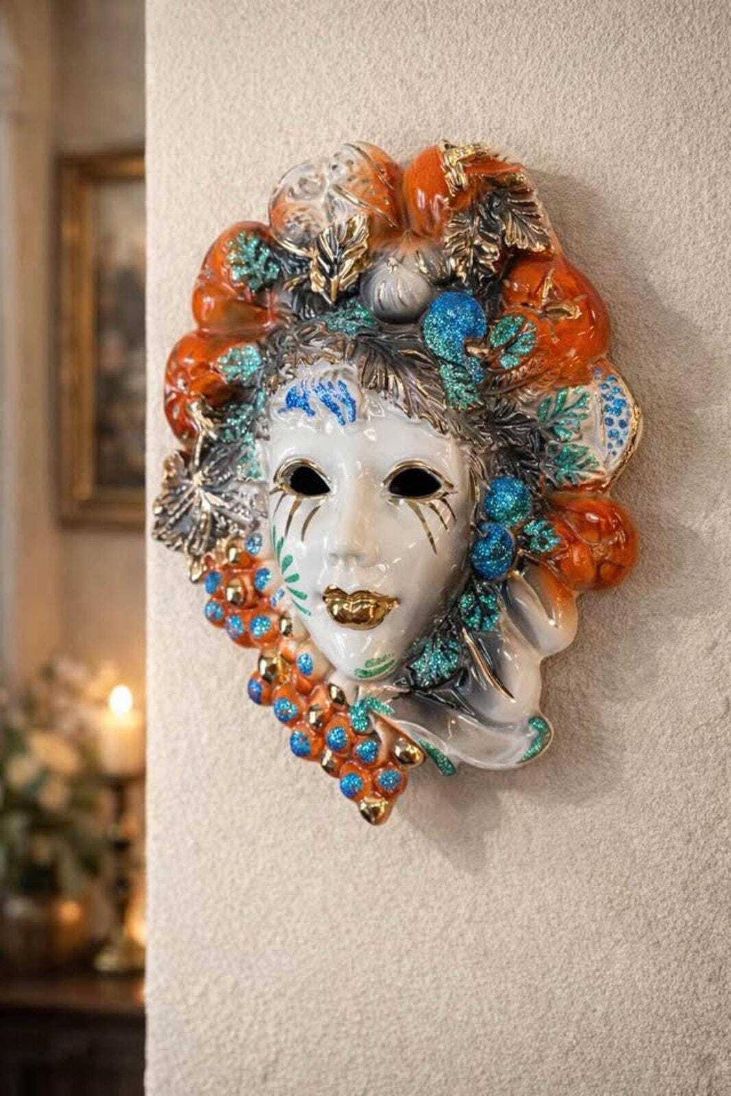 CLB 0073 M Italian Ceramic Wall Mask, Hand-Painted Fruit & Leaf Motif