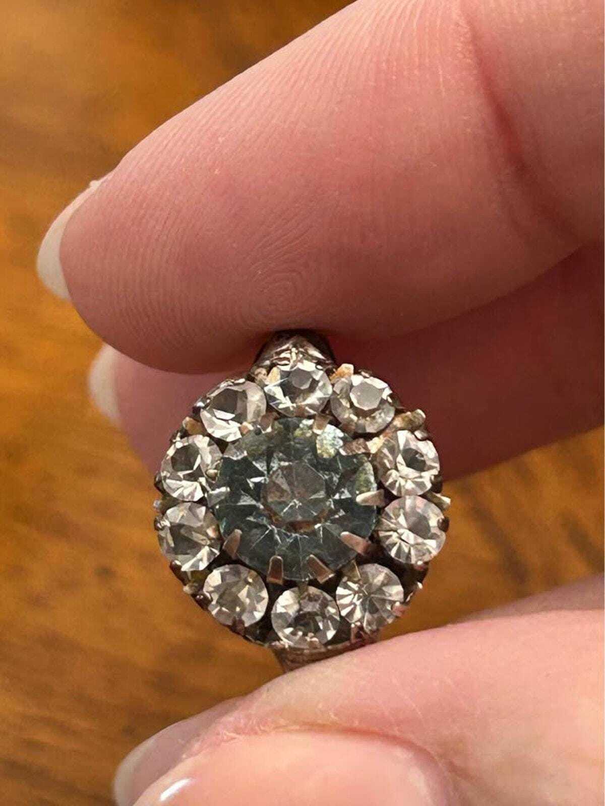 Art Deco Sterling Silver Aquamarine Glass Paste Cluster Ring - size 5