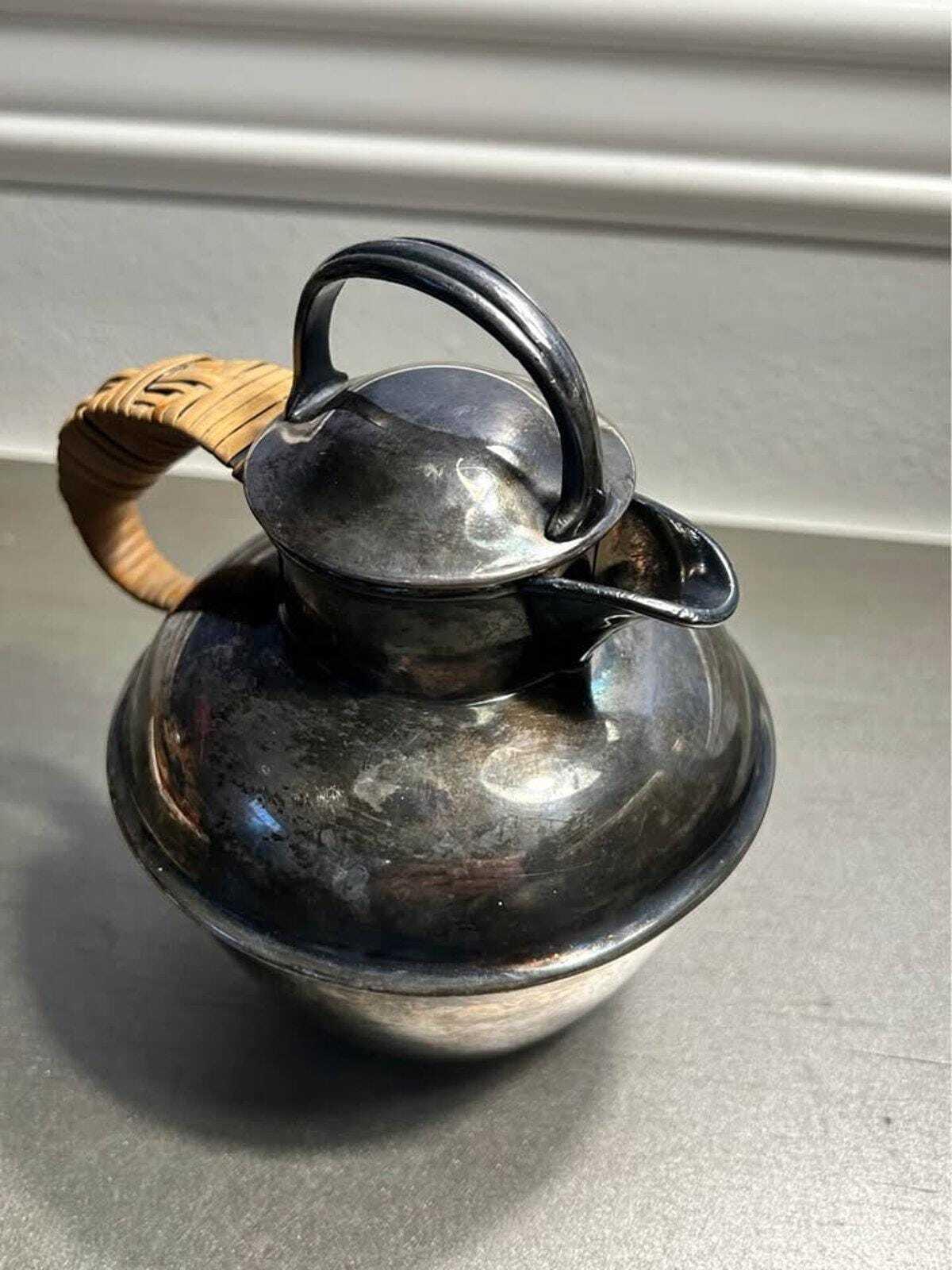 Lawrence B. Smith Co. Silver Plate Teapot | Pattern 1119 Pitcher with Woven Rattan Handle