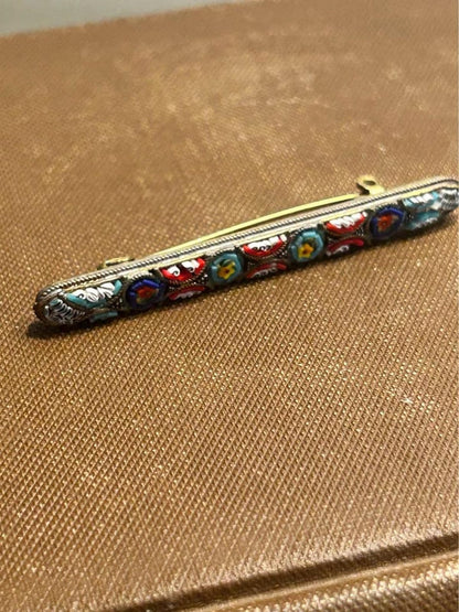 Vintage Italian Micro Mosaic Floral Bar Pin Brass Grand Tour Style Brooch
