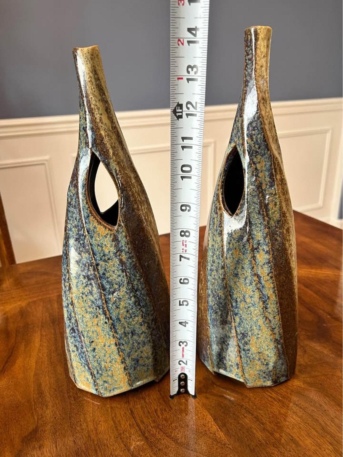 Vintage Studio Pottery Modernist Ikebana Vases Pair - Signed