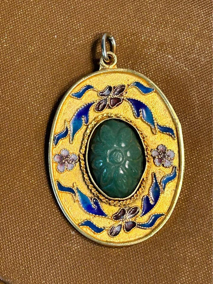 Vintage Chinese Export Carved Genuine Jade & Floral Enamel Brooch Pendant