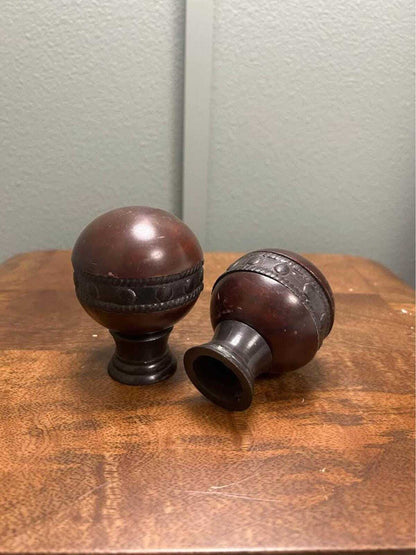Vintage Mahogany Wood Sphere Finials – Carved Studded Detail, MCM Drapery Hardware