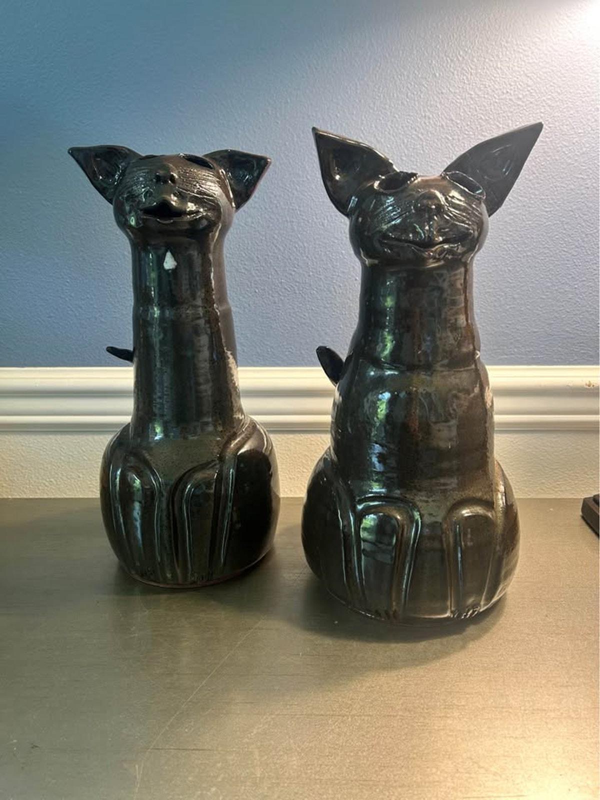 Gramsie Signed Studio Pottery Long Neck Cat Sculptures - Pair