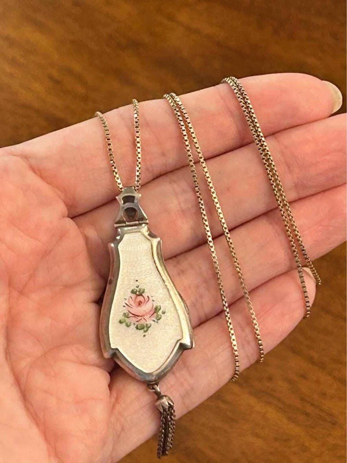 Antique Art Deco Bagley Mfg. Co. Sterling Silver Guilloché Enamel Rose Locket