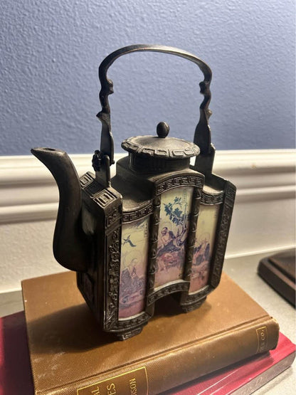 Vintage Chinese Pewter Teapot with Reverse Painted Glass Luohan Panels