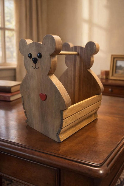 Rustic Wooden Teddy Bear Caddy with Heart Detail