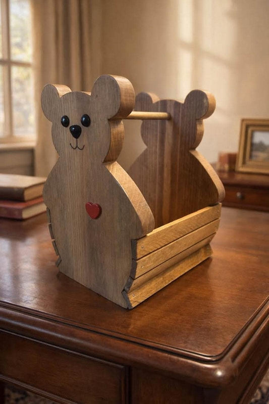 Rustic Wooden Teddy Bear Caddy with Heart Detail