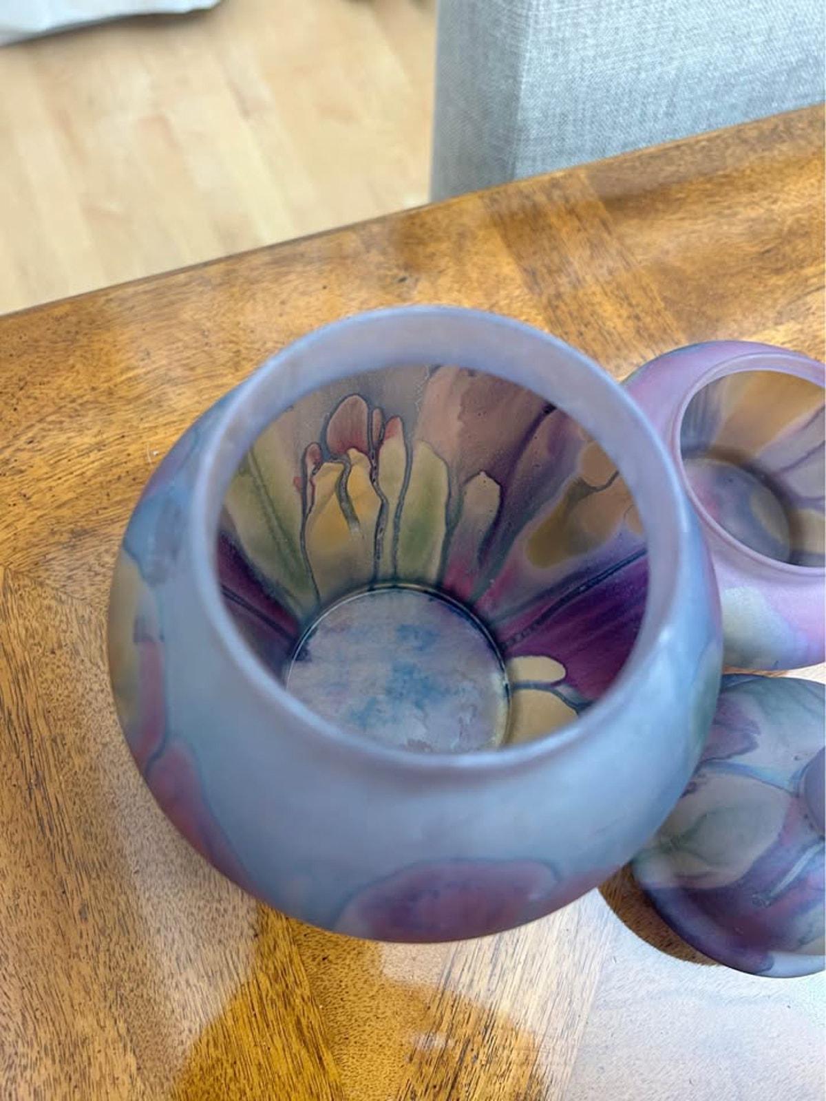 Vintage Rueven Hand Painted Frosted Satin Glass Lidded Ginger Jar and Bowl Set