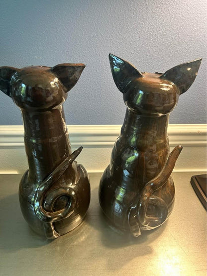 Gramsie Signed Studio Pottery Long Neck Cat Sculptures - Pair