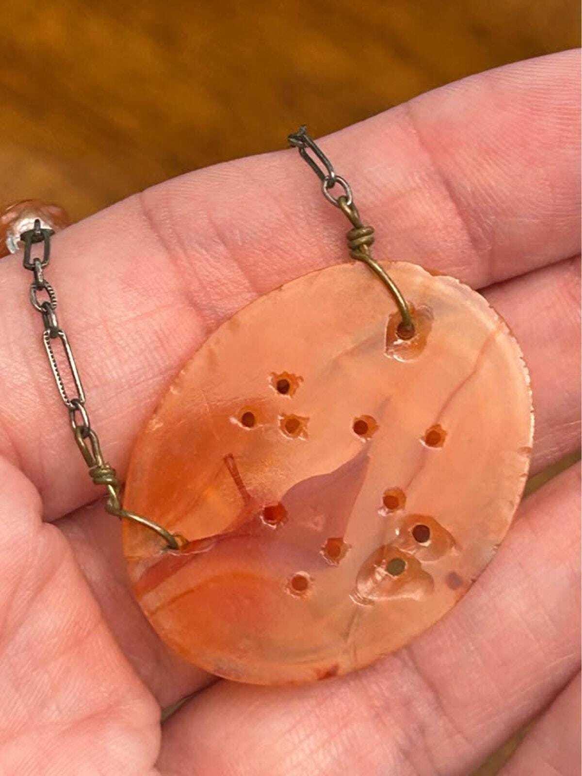 Antique Chinese Export Carved Carnelian Repurposed Button Pendant Sterling Silver Necklace