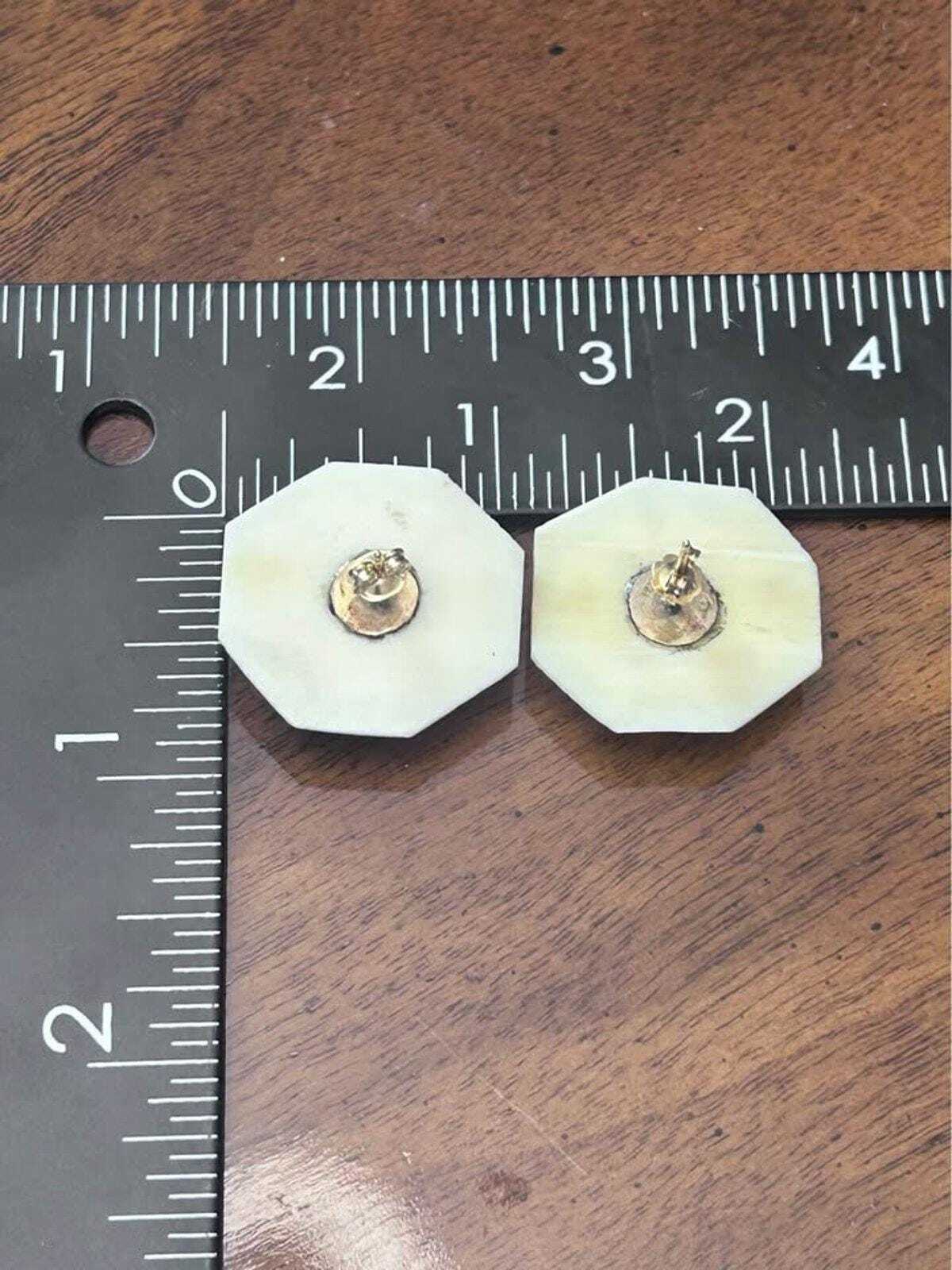 Vintage WELLS 14K Gold Carved Bone Large Floral Hexagon Stud Earrings