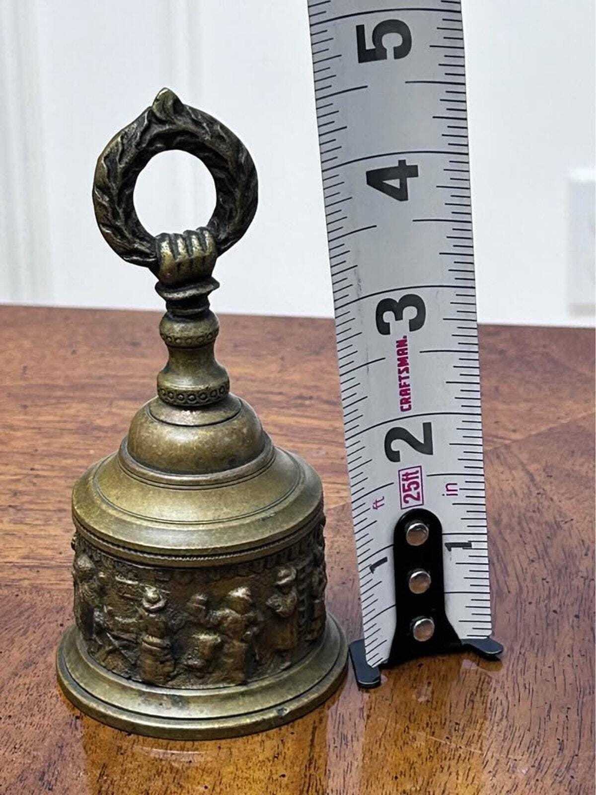 Vintage Cast Brass Tavern Scene Hand Bell with Wreath Handle