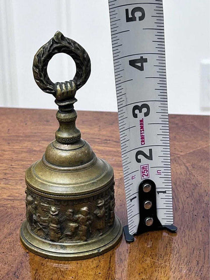 Vintage Cast Brass Tavern Scene Hand Bell with Wreath Handle