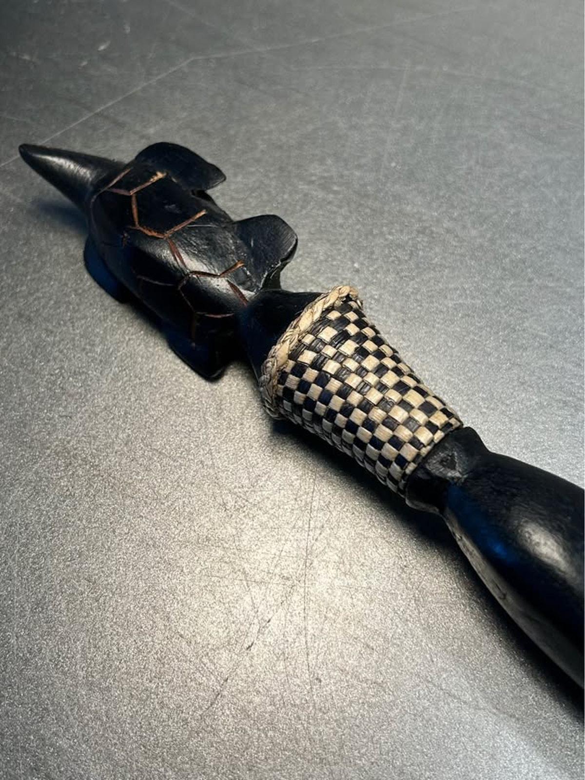 Vintage Kenyan Wood Turtle Salad Fork - Hand-Carved Ebony and Woven Raffia - 10 Inches