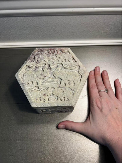Hand-Carved Soapstone Hexagonal Box with Elephant Relief