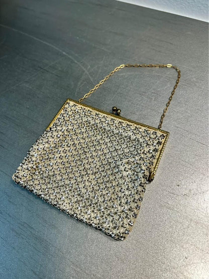 Vintage Rhinestone Mesh Evening Bag Etched Gold Tone Frame Satin Lined Purse