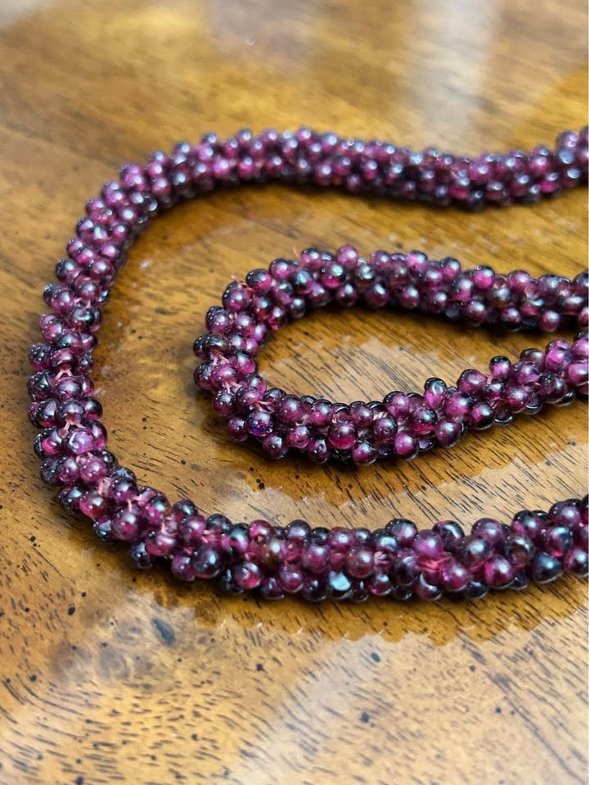 Vintage Woven Garnet Seed Bead Endless Rope Necklace